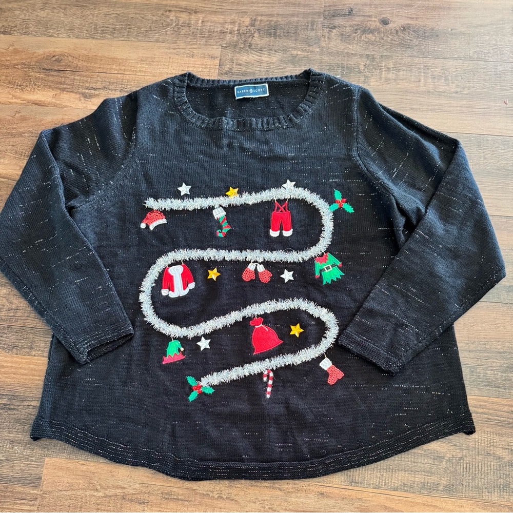 Karen Scott women’s 2X Embroidered Christmas Sweater Black Christmas Tree stars